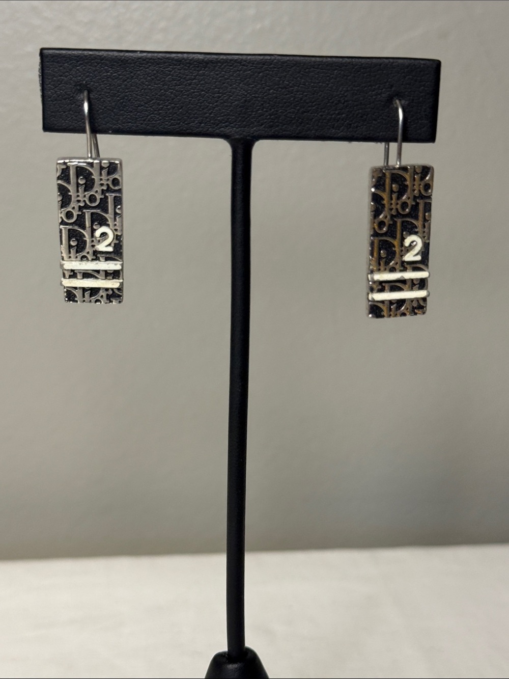 Christian Dior Oblique Trotter Logo Silver Tone Pierced Drop Earrings